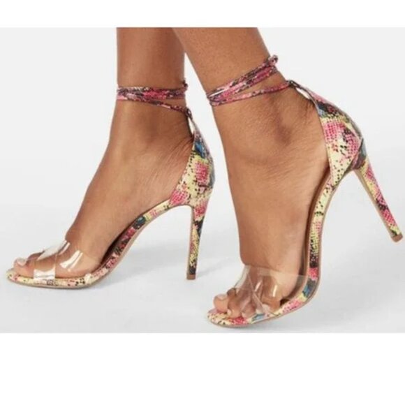 JUSTFAB Jayci Faux Python Snakeskin  Heeled Sandal w/ Ankle strap tie size 5.5 - Picture 6 of 9